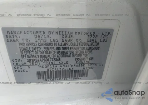 2013 Nissan Sentra Sv z USA, uszkodzony, nr VIN 3N1AB7AP8DL773846